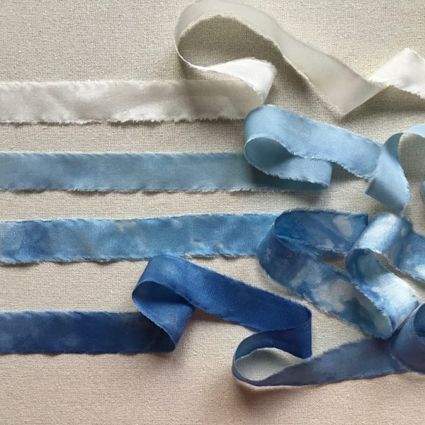 Cintas de seda para bordado de seda, conjunto de 4 marfil, blanco y azul, cintas hechas a mano teñidas con tintes naturales para bordados, ojales, favores