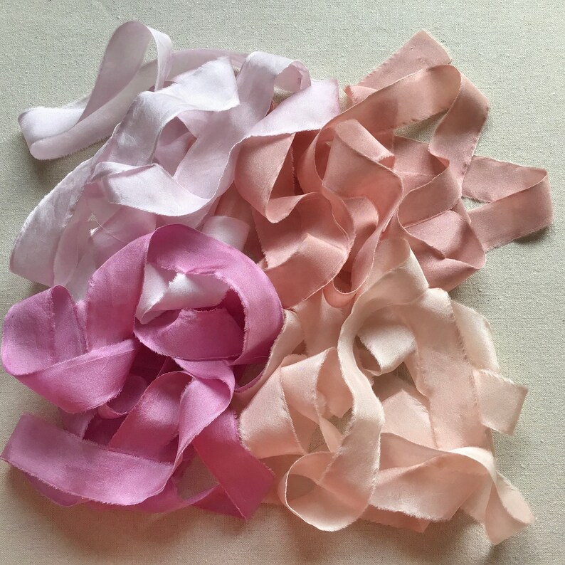 Silk Ribbons for Silk Embroidery, set of 4 pink and rose, hand made ribbons dyed with natural dyes for embroidery, buttonholes, favours image 2