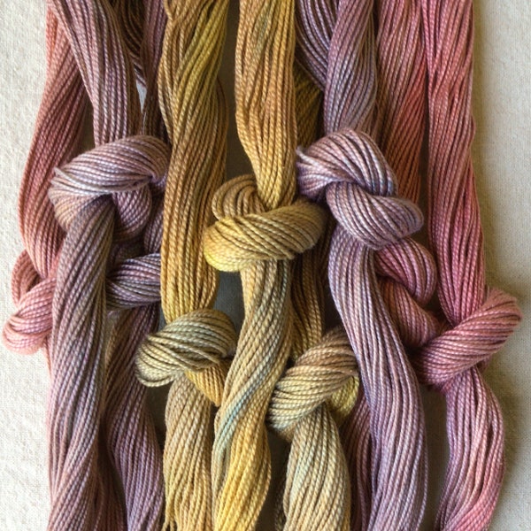 Size 5 Variegated Dusky Pink & Ochre Hand Dyed Perle Cotton threads, hand quilting, bracelets, visible mending, hand stitching, embroidery