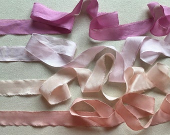 Silk Ribbons for Silk Embroidery, set of 4 pink and rose, hand made ribbons dyed with natural dyes for embroidery, buttonholes, favours