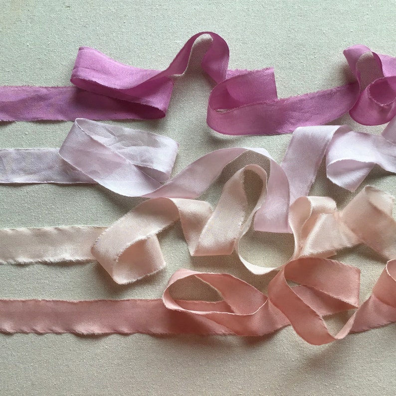 Silk Ribbons for Silk Embroidery, set of 4 pink and rose, hand made ribbons dyed with natural dyes for embroidery, buttonholes, favours image 1