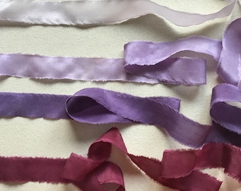 Silk Ribbons for Silk Embroidery, set of 4 purple & crimson, handmade ribbons dyed with natural dyes for embroidery, buttonholes, favours