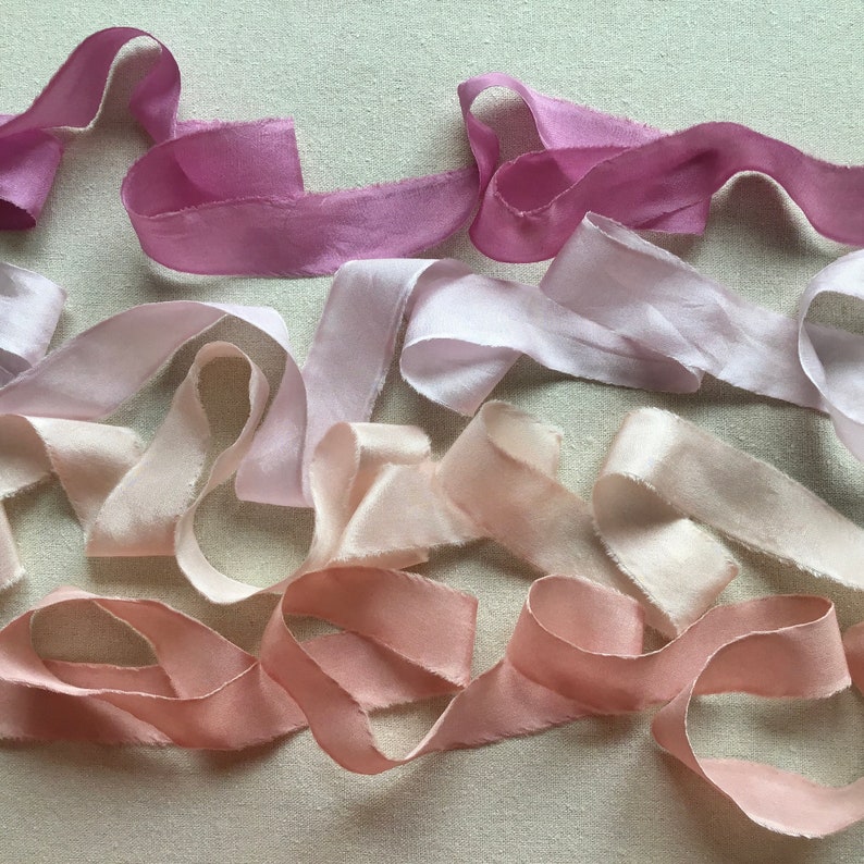 Silk Ribbons for Silk Embroidery, set of 4 pink and rose, hand made ribbons dyed with natural dyes for embroidery, buttonholes, favours image 3