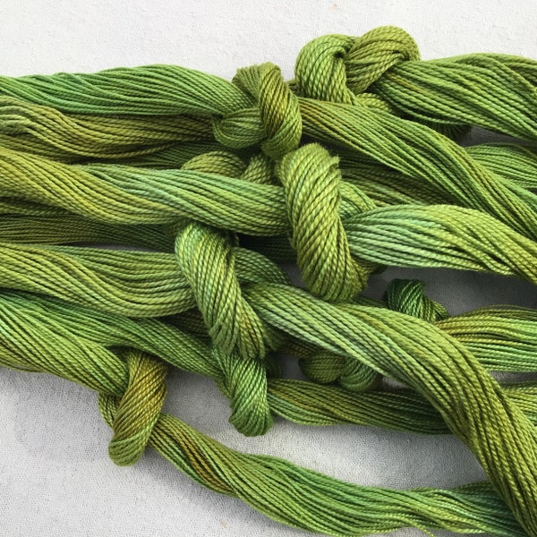 Size 12, rich green, hand dyed perle cotton for embroidery, bracelets, hand stitching, quilting, visible mending, appliqué.