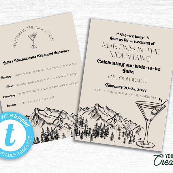 Editable Mountain Bachelorette Invitation Set | Martini Themed Bachelorette Party Planner | Mountains Bach Party Itinerary