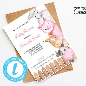 Bewerkbare boerderij dieren baby shower uitnodiging sjabloon boerenerf baby shower afdrukbare moderne boerderij dieren uitnodigen INSTANT DOWNLOAD
