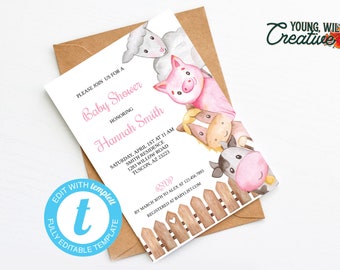 Editable Farm Animal Baby Shower Invitation Template Barnyard Baby Shower Printable Modern Farm Animal Invite INSTANT DOWNLOAD