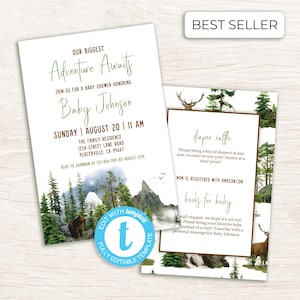 EDITABLE Adventure Awaits Baby Shower Invitation | Mountain Animals Baby Shower Invite | Forest Animals Invitation Downloadable Template