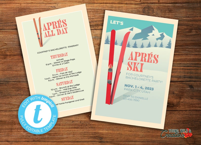 Editable Apres Ski Party Invite & Itinerary Set DIY Ski Bachelorette Bash, Ski Trip Agenda Digital Download zdjęcie 1