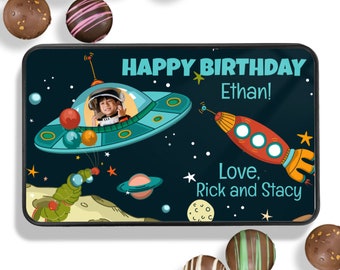 Caja de chocolate de cumpleaños personalizada - Regalo del espacio exterior - Trufas de chocolate hechas a mano - Regalo de cumpleaños para niños - Regalo de cumpleaños de chocolate