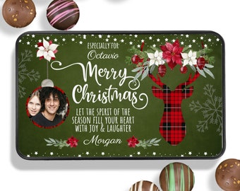 Boîte de chocolat personnalisée Plaid Merry Christmas - Cadeau Spirit of the Season - Truffes au chocolat faites à la main - Cadeau de Noël en chocolat