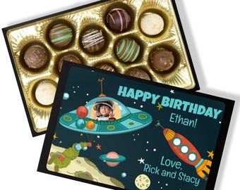 Boîte de chocolat d’anniversaire personnalisée - Cadeau d’espace extra-atmosphérique - Truffes au chocolat faites à la main - Cadeau d’anniversaire pour les garçons - Cadeau d’anniversaire en chocolat