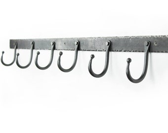 Coat Rack | 36" Decorative coat hanger, Hand Forged Iron Coat Hooks | hammered metal rustic modern décor | Ball End Style, Six Hooks