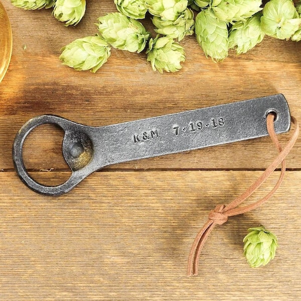 Personalized Bottle Opener | Hand Forged Wrought Iron, Engraved Beer Opener | Great Gift for Men, Groomsmen, or Fathers Day