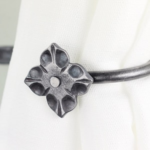 Hand forged iron curtain tie back hooks, Flower style.