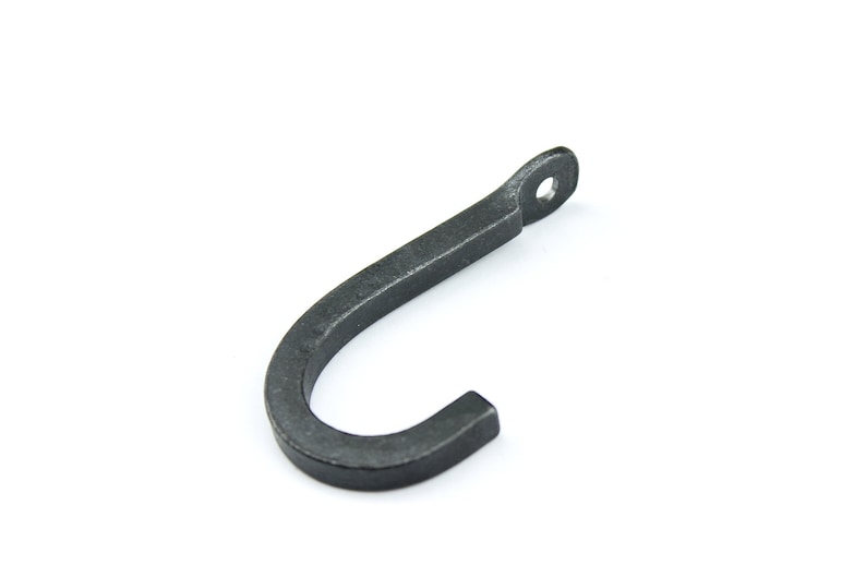 May include: A black metal hook with a simple, curved design. The hook is made of solid metal and has a smooth, matte finish.