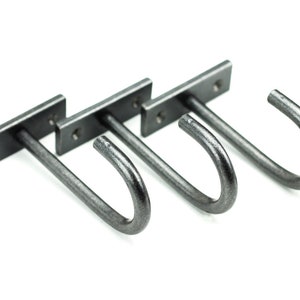 Simple hand forged rustic modern iron ceiling hooks, under cabinet style, on a white background.