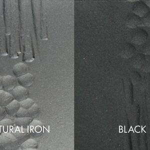 May include: Close-up of two metal surfaces, one with a natural iron finish and the other with a black finish. Both surfaces have a textured pattern.
