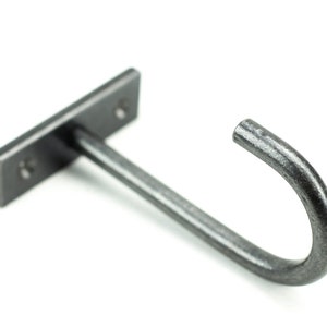 Simple blacksmith made rustic modern iron ceiling hook, undercabinet style, on a white background.