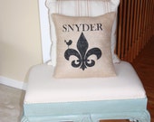 Fleur De Lis and Bird Personalized Cover or Pillow - Burlap - Shabby Chic -  Pillow Rustic - Home Decor - Wedding Anniversary Gift