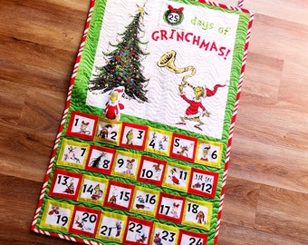 Holiday Advent Calendar, Grinch Advent Calendar, Quilted Wall Hanging, Grinch Stole Christmas Countdown calendar, Christmas Advent calendar