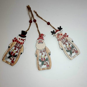 Wooden Santa, Reindeer, and Snowman Ornament