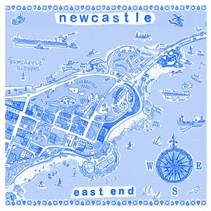 Carte illustrée de l'est de Newcastle en bleu et blanc