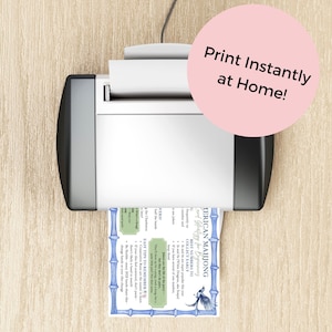 May include: A white printer is shown printing a document with the text "AMERICAN MAHJONG Card Strategy for Beginners". A pink circle with the text "Print Instantly at Home!" is in the upper right corner. The document has a blue bamboo border.