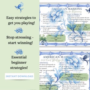 May include: A digital download featuring American Mahjong strategy guides for beginners. The design includes floral accents, bamboo-style borders, and text such as "Easy strategies to get you playing!" and "Instant Download."