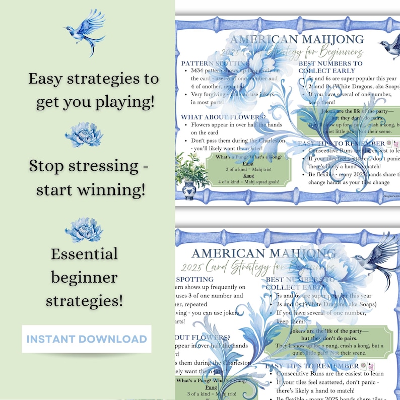 May include: A digital download featuring American Mahjong strategy guides for beginners. The design includes floral accents, bamboo-style borders, and text such as "Easy strategies to get you playing!" and "Instant Download."