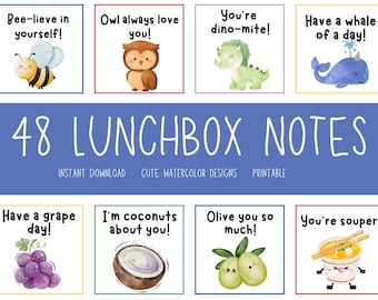 48 kids lunchbox notes, cute notes for kids, printable lunchbox notes, watercolor encouragement notes, daycare notes, summer camp notes