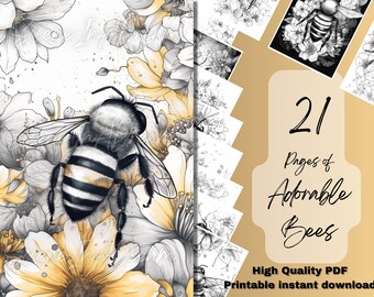 21 Adorable Bee and Flowers Colouring Book, Instant Download Greyscale Nature and Wildlife Pages, Gift, Printable Art PDF Adults & kids A4