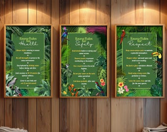 Tropical Sauna Rules Wall Art Set, Spa Bathroom Decor, Scandinavian & Minimal Sauna Sign Print, Home Spa Artwork, Digital Download Printable
