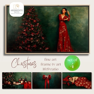 Può includere: Una stampa artistica incorniciata per una TV, con tema natalizio. L'opera presenta una donna in abito rosso, un albero di Natale e altre immagini festive. La stampa ha un rapporto di aspetto 16:9.