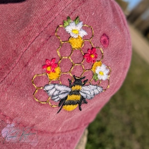 Hand-embroidered bee & honeycomb baseball cap - distressed mauve