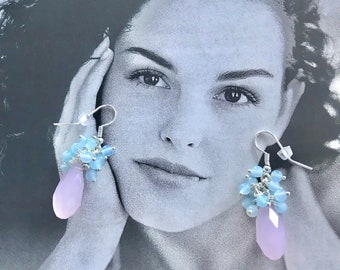 Pale pink crystal drop earrings aqua crystal elegant earrings handmade chic cluster earrings beautiful pink dangle earrings women gift idea