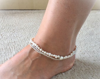 White Pearls Anklet Bohemian Wedding Summer Beach foot Bracelet Natural Pearl Anklet Body Jewelry Women Girl Foot Jewelry Gift Idea For Her