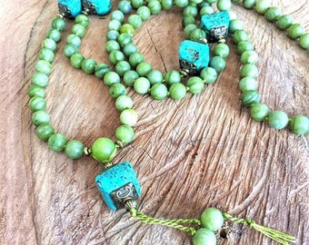 Long jade mala necklace, green bead necklace, blue mala 108 necklace, turquoise mala, green boho necklace, long bead necklace sacred jewelry