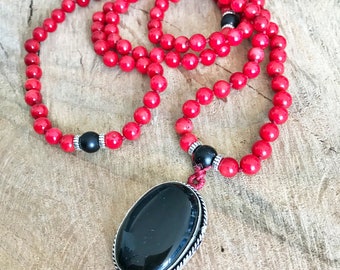 Black onyx red coral men mala necklace 108 beads yoga meditation prayer necklace handmade yoga jewelry boho healing protection gift jewelry