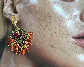 Ethnic bohemian long gemstone earrings gipsy oriental dangling carnelian bellydance hand crafted antique gold earrings gift jewelry for her