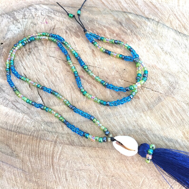 long beaded necklace sea shell pendant necklace blue tassel necklace Beaded boho tassel necklace blue necklace long layer beads necklace