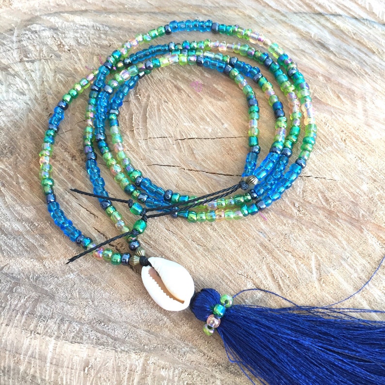 long beaded necklace sea shell pendant necklace blue tassel necklace Beaded boho tassel necklace blue necklace long layer beads necklace