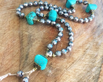 Chunky Turquoise Czech Beads Silver Necklace Turquoise Necklace Women Statement Jewelry Boho Bohemian Retro Chic Long Necklace 108 beads