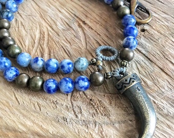 Blue sodalite men necklace antique bronze saber tooth pendant ethnic surfers good luck charm amulet necklace for men