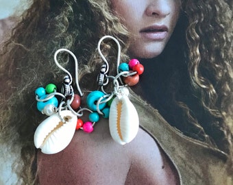 Summer earrings colorful cowrie shell hippie boho dangle gypsy beaded earrings gemstone beads ethnic earrings bohemian festival jewelry gift