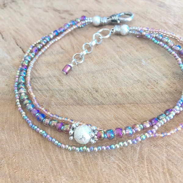 Anklet iridescent beaded violet sandal foot bohemian blue ankle bracelet colorful feminine summer beach jewelry women girl gift idea