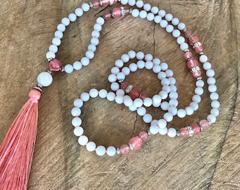 Yoga tassel necklace mala 108 white onyx beads handmade knotted mala gemstone healing stone yoga jewelry meditation prayer necklace boho