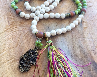 Boho beads necklace, mala beads necklace, long tassel necklace, mala beads 108, long howlite mala knotted 108 beads, Hamsa pendant