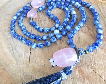 Blue beads mala tassel necklace gemstone prayer 108 bead sodalite necklace pink quartz pendant yoga meditation jewelry handmade knotted mala