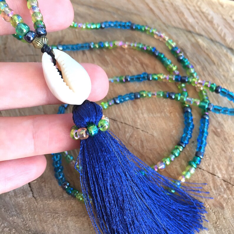 long beaded necklace sea shell pendant necklace blue tassel necklace Beaded boho tassel necklace blue necklace long layer beads necklace